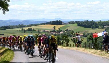 2026 Tour Auvergne-Rh&ocirc;ne-Alpes stage 5: Visma-Lease a Bike's Bruno Armirail pulls in the main peloton behind the six-man break of the day