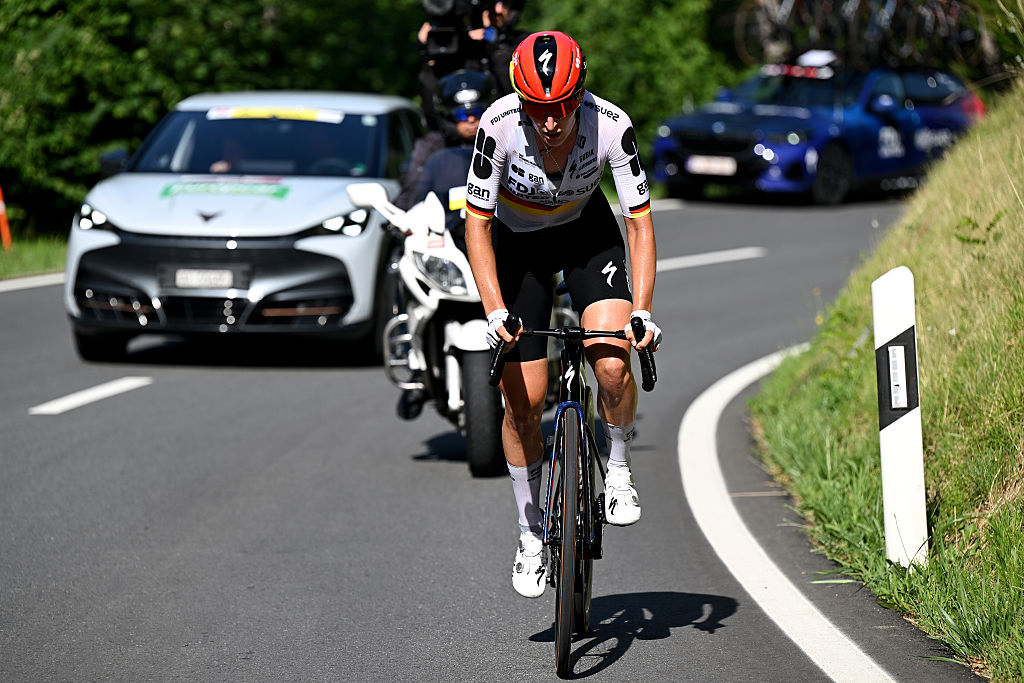 VILLARS-SUR-OLLON, SWITZERLAND - JUNE 21: Franziska Koch of Germany and Team FDJ United - SUEZ competes in the breakaway during the 10th Tour de Suisse Women 2026, Stage 5 a 100.4km stage from Villars-sur-Ollon to Villars-sur-Ollon 1249m / #UCIWT / on June 21, 2026 in Villars-sur-Ollon, Switzerland. (Photo by Tim de Waele/Getty Images)