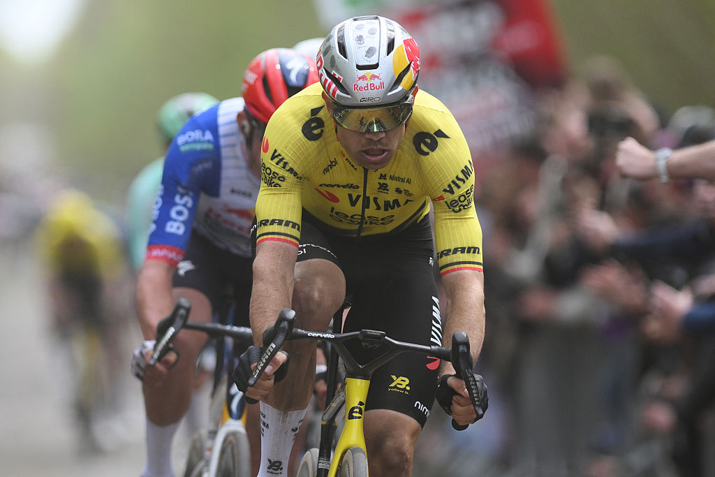 ROUBAIX, FRANCE - APRIL 12: Wout van Aert of Belgium and Team Visma | Lease a Bike rides on the Trou&eacute;e d&amp;apos;Arenberg cobble sector during the 123rd Paris-Roubaix Hauts-de-France 2026 - Men&amp;apos;s Elite a 258.3km one day race from Compiegne to Roubaix / #UCIWT on April 12, 2026 in Roubaix, France. (Photo by Alex Broadway/Getty Images)