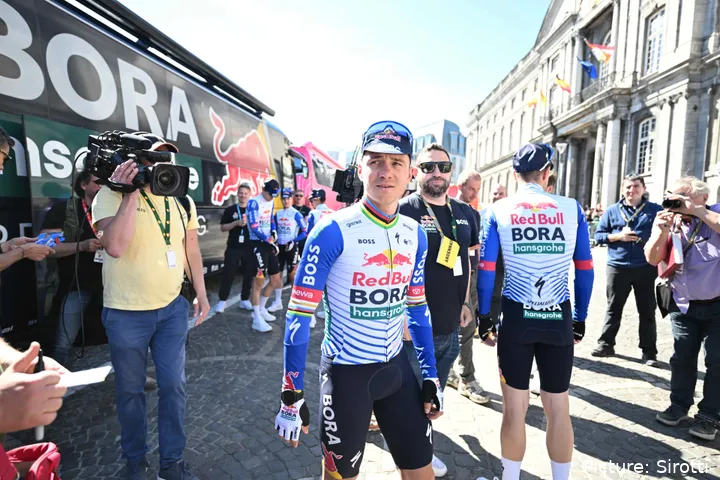 Remco Evenepoel at the pre-Liege-Bastogne-Liege 2026 team presentation