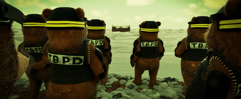 riot gear-clad brown bears from short film Migrants