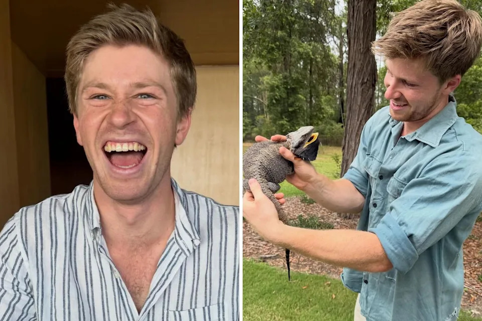 Robert Irwin smiling at the camera and another shot of him holding a lizard