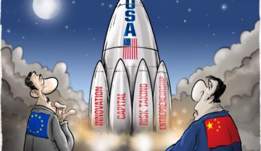 A rocket labeled “USA” launches into space, powered by innovation, entrepreneurship, capital and risk-taking.
