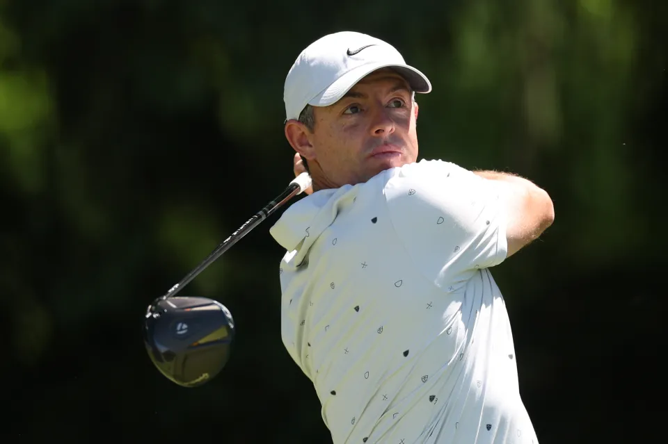 Rory McIlroy of Northern Ireland hits a tee shot on the fourth hole during the third round of the PGA Championship at Aronimink Golf Club on May 16, 2026