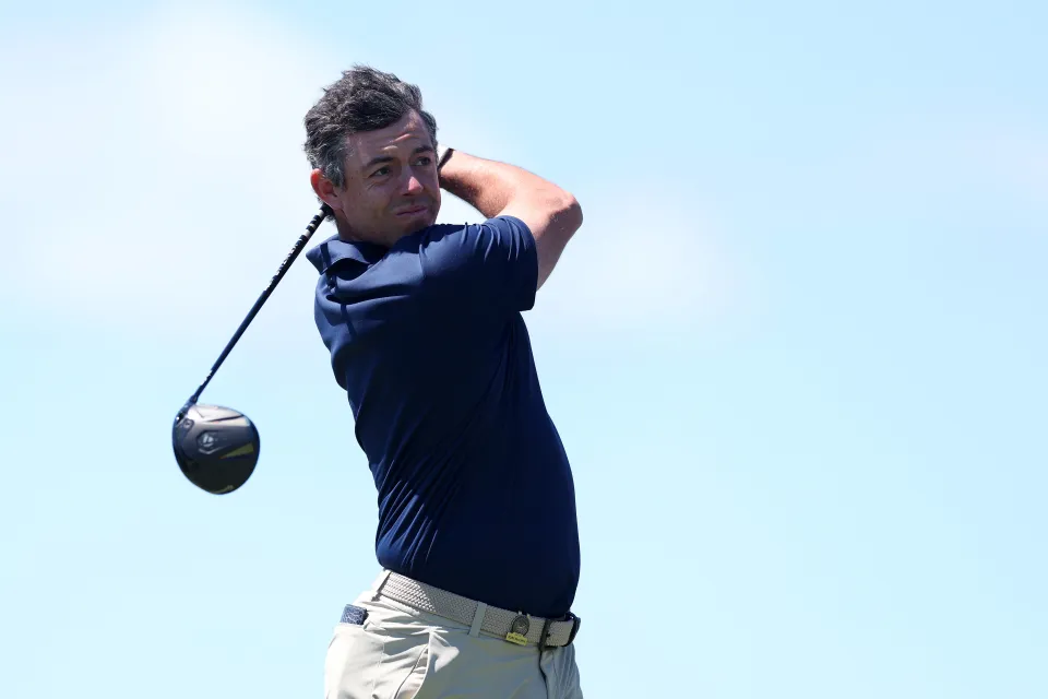 Rory McIlroy plays a shot during a practice round before the US Open at Shinnecock Hills