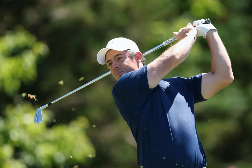 Rory McIlroy plays a shot during a practice round at Shinnecock Hills ahead of the US Open