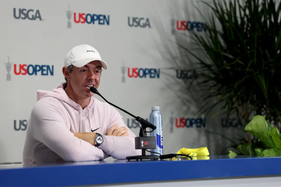 Rory McIlroy speaks to reporters at a press conference at the US Open