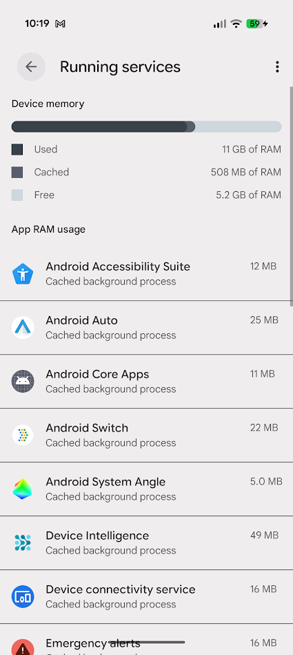 running services menu in android