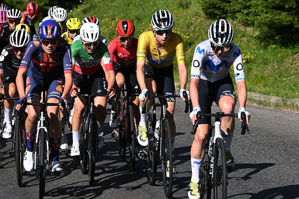 VILLARS-SUR-OLLON, SWITZERLAND - JUNE 21: (L-R) Audrey De Keersmaeker of Belgium and Team Picnic PostNL, Elisa Longo Borghini of Italy and UAE Team ADQ, Marlen Reusser of Switzerland - Yellow Leader Jersey and Liane Lippert of Germany and Team Movistar compete during the 10th Tour de Suisse Women 2026, Stage 5 a 100.4km stage from Villars-sur-Ollon to Villars-sur-Ollon 1249m / #UCIWT / on June 21, 2026 in Villars-sur-Ollon, Switzerland. (Photo by Tim de Waele/Getty Images)