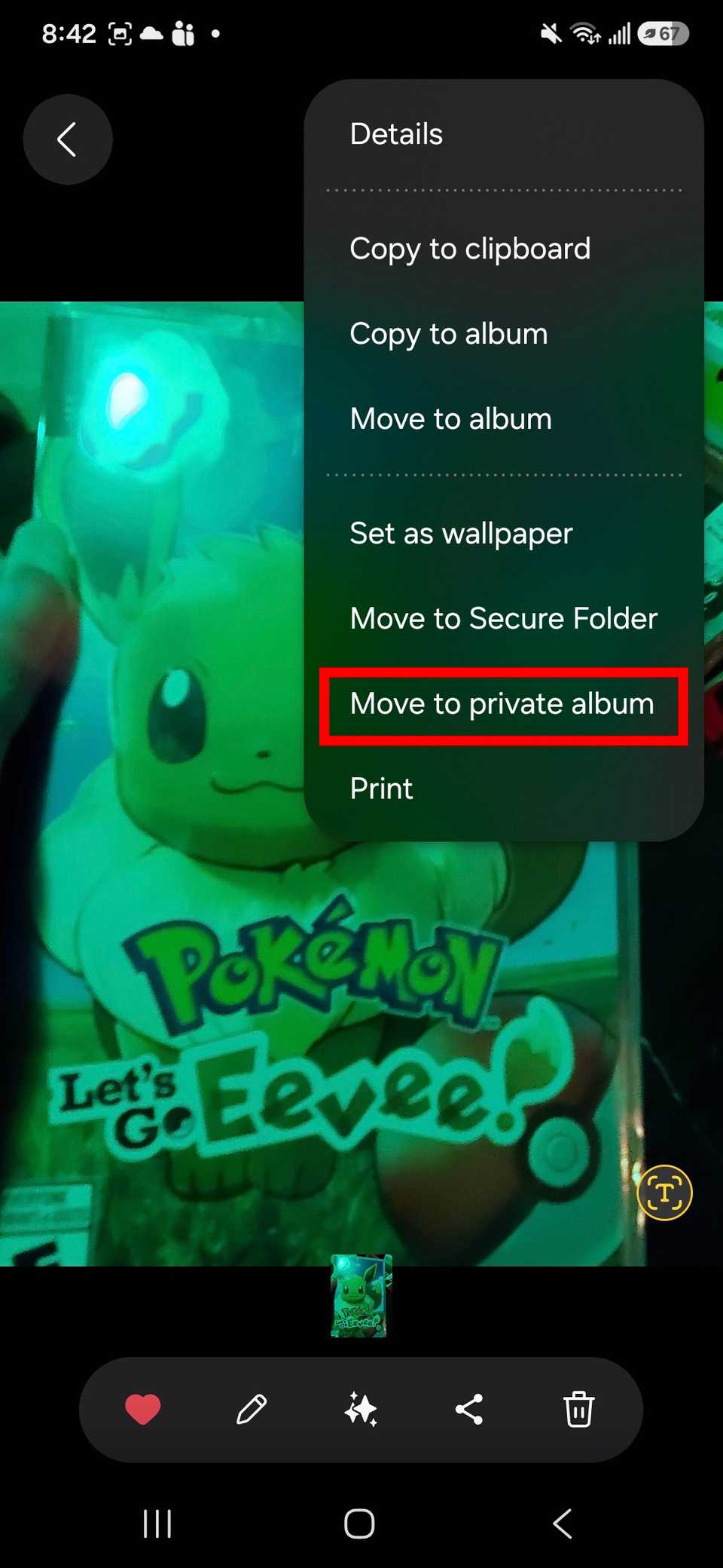 Red rectangle outline over Move to private album option for a photo