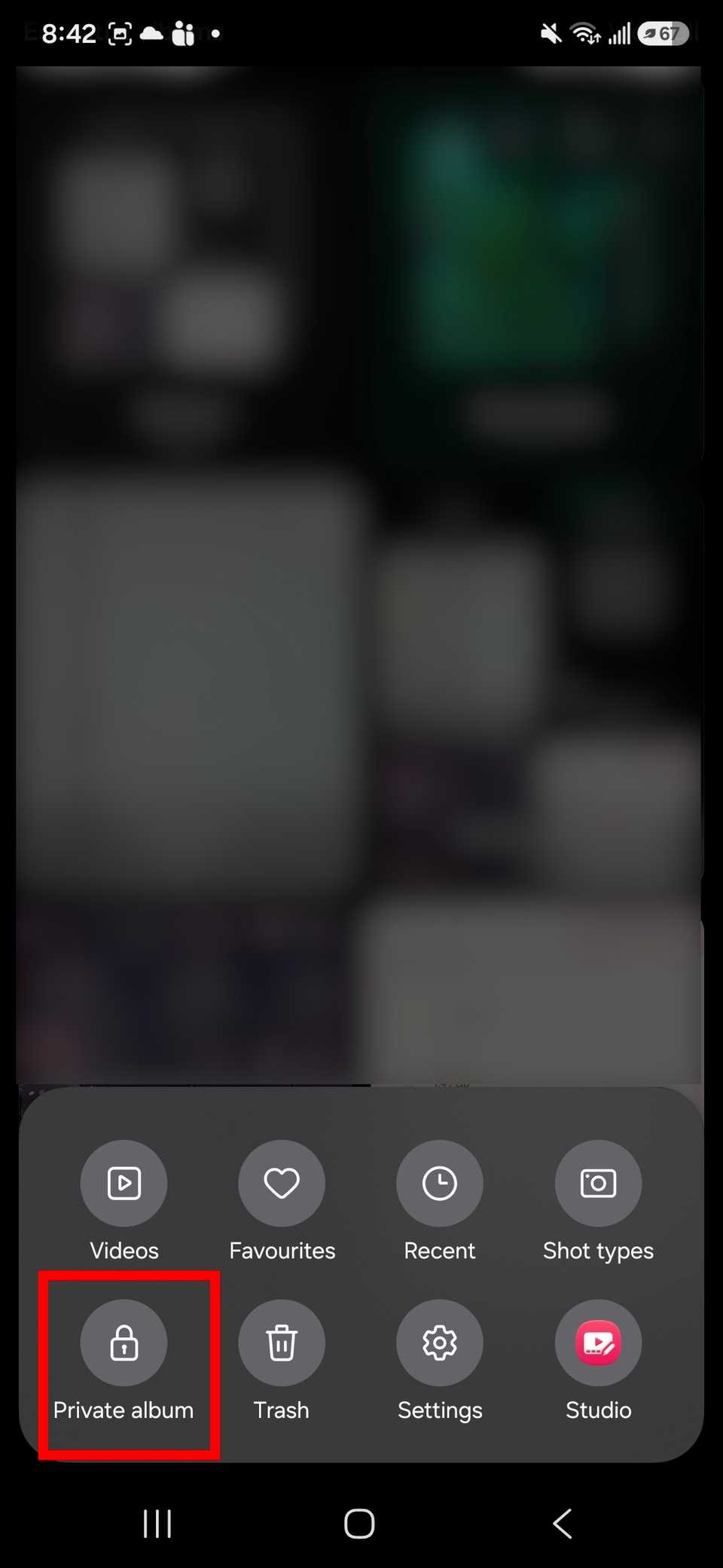 Red rectangle outline highlighting Private album in the More menu of the Samsung Gallery app