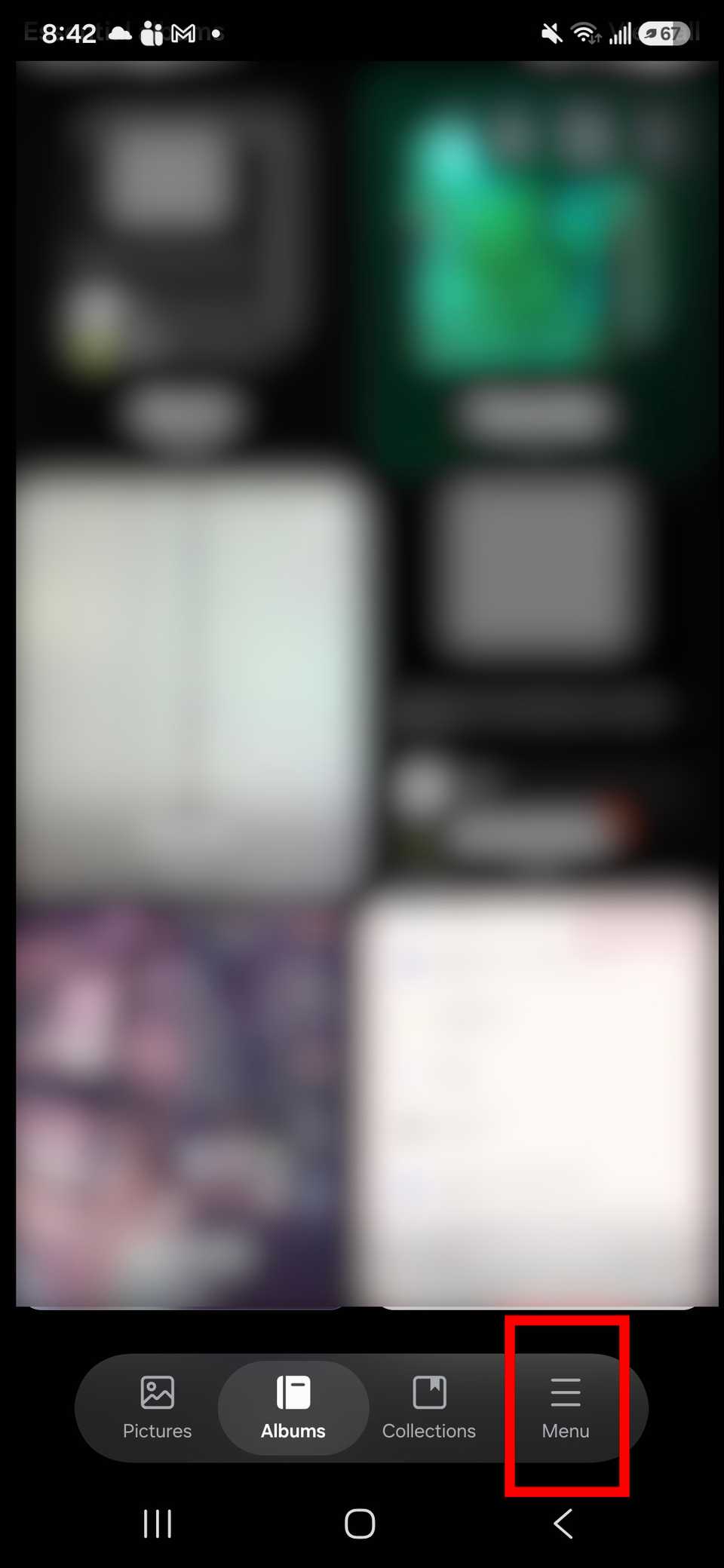 Red rectangle outline highlighting the Menu three-line button at the bottom of the Samsung Gallery app