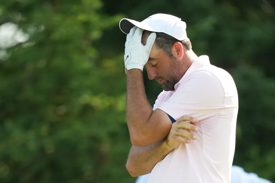 Scottie Scheffler reacts to his tee shot on the 16th hole during the first round of the Memorial Tournament presented by Workday at Muirfield Village Golf Club on June 4, 2026 in Dublin, Ohio.