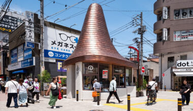 sculptural copper canopy tops micro-landmark community hub in tokyo