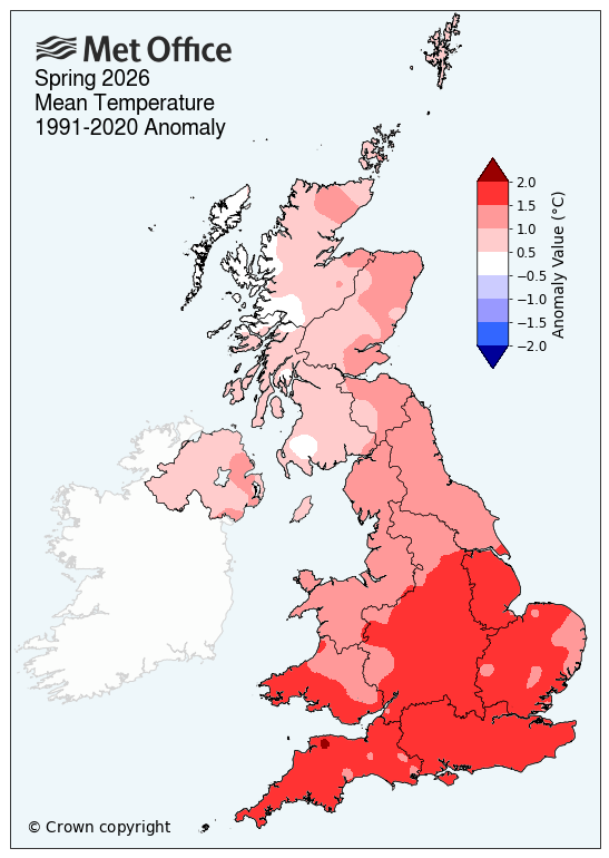 Map showing mean temperature for the UK spring 2026