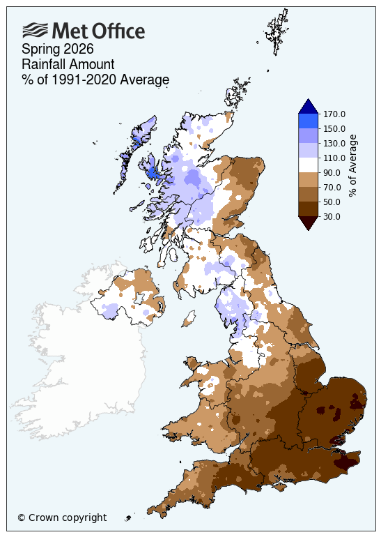 Map showing rainfall for spring 2026 in UK