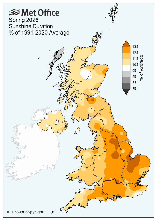 UK map showing spring sunshine 2026