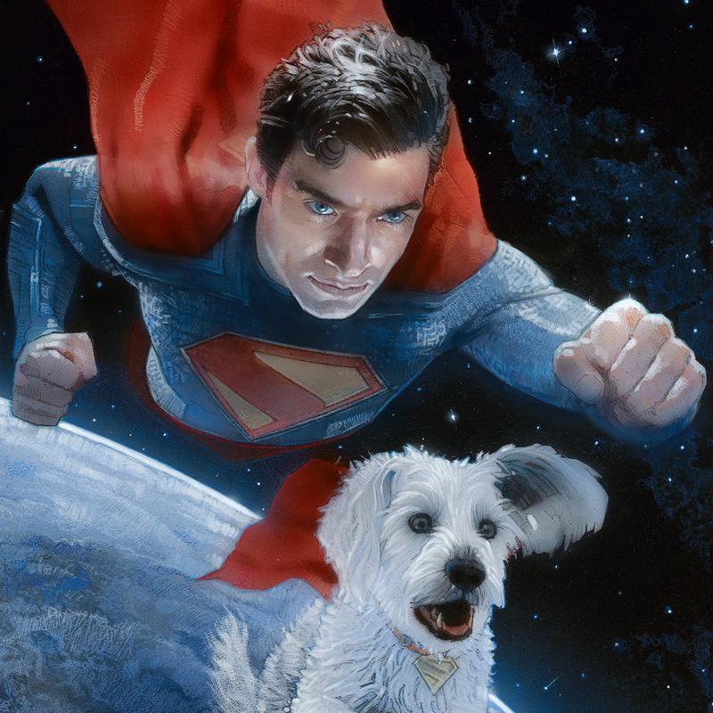Close up of David Corenswet's Superman and Krypto the Super-Dog flying in space.