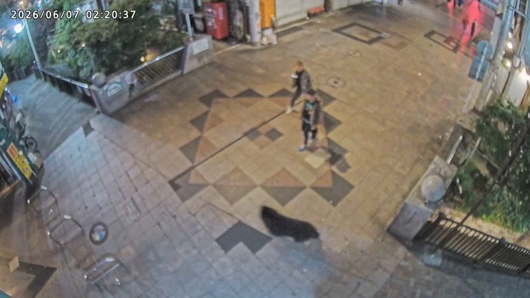 Surveillance footage shows a wild bear running past bystanders in Utsunomiya. Pic: Reuters