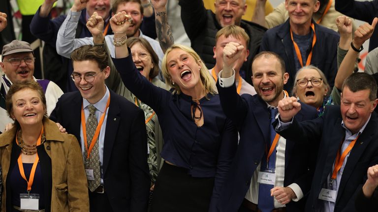Lara Bird (centre) celebrates winning the Arbroath and Broughty Ferry by-election. Pic: PA