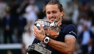 Germany's Alexander Zverev holds "La Coupe des Mousquetaires" trophy after winning the French Open tennis tournament men's singles final mat
