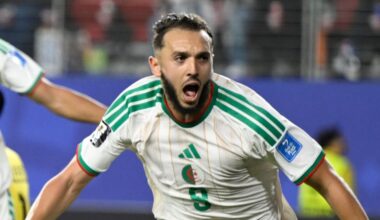 Algeria's Amine Gouiri, front, celebrates after scoring his side's second goal against Jordan during the World Cup Group J