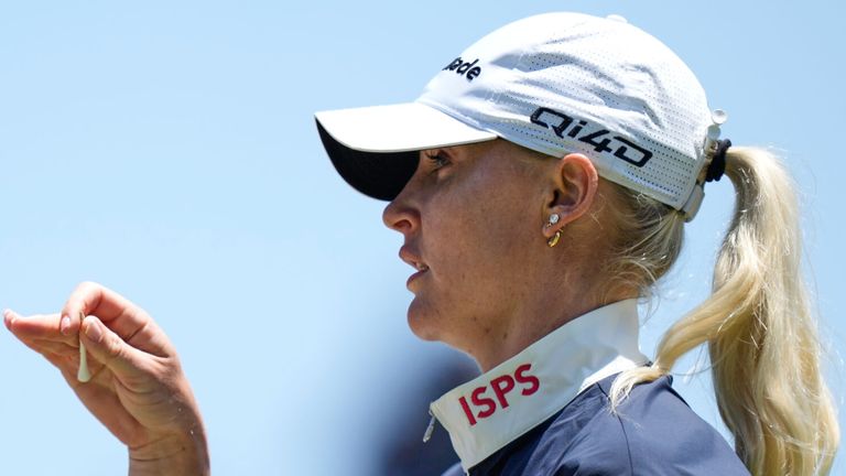 Charley Hull, of England, reacts after her shot off the third tee during the final round of the U.S. Women's Open golf tournament