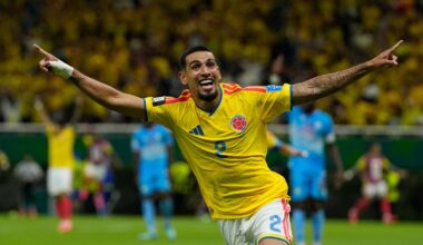 Colombia's Daniel Munoz celebrates after scoring his side's opening goal during the World Cup Group K soccer match between Colombia and Congo in Zapopan, near Guadalajara, Mexico, Tuesday, June 23, 2026. (AP Photo/Ricardo Mazalan)