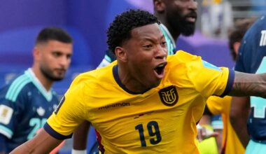 Ecuador's Gonzalo Plata (19) celebrates scoring his side's second goal against Germany during the World Cup Group E soccer match in East Rutherford, N.J., near New York, Thursday, June 25, 2026. (AP Photo/Yuki Iwamura)