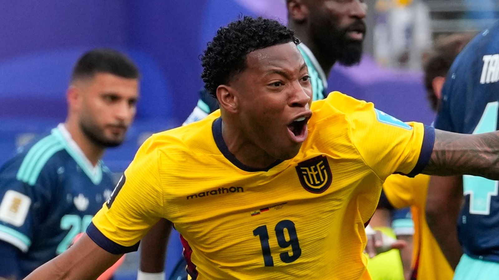 Ecuador's Gonzalo Plata (19) celebrates scoring his side's second goal against Germany during the World Cup Group E soccer match in East Rutherford, N.J., near New York, Thursday, June 25, 2026. (AP Photo/Yuki Iwamura)