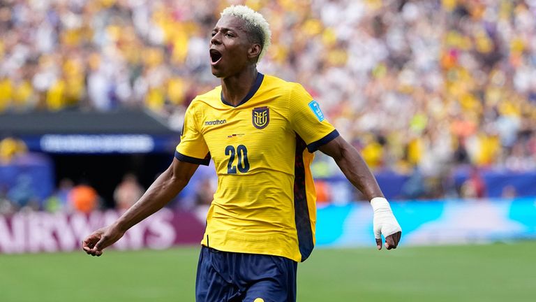 Ecuador's Nilson Angulo celebrates scoring his side's first goal at the World Cup