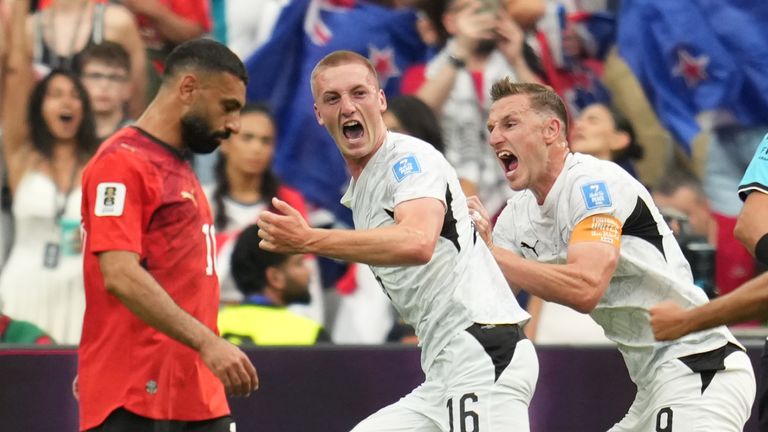 New Zealand's Finn Surman (16) celebrates after scoring the opening goal during the World Cup Group G soccer match between New Zealand and Egypt in Vancouver, British Columbia, Sunday, June 21, 2026. (AP Photo/Abbie Parr)