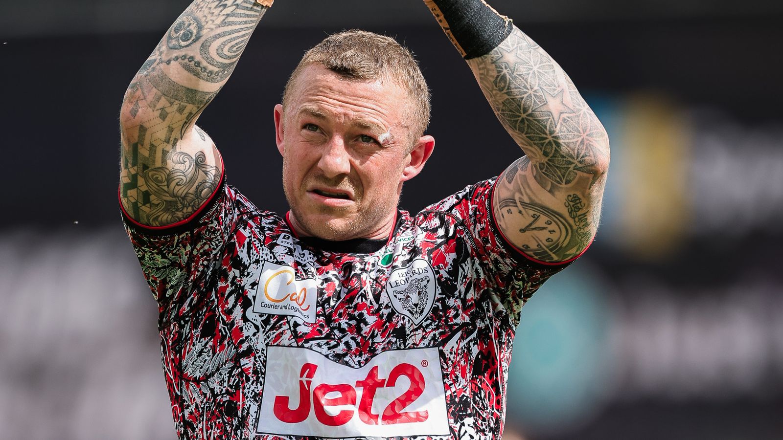 Josh Charnley applauds the crowd in action for Leigh Leopards (SWSPix)