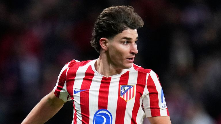 Atletico Madrid's Julian Alvarez during the Champions League opening phase soccer match between Atletico Madrid and Bodo Glimt in Madrid, Spain, Wednesday, Jan. 28, 2026. (AP Photo/Manu Fernandez)