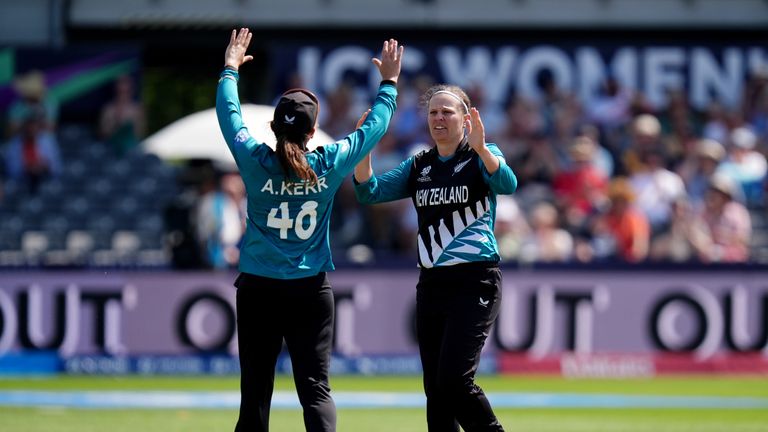 Melie Kerr celebrates taking the wicket of Scotland captain Kathryn Bryce 
