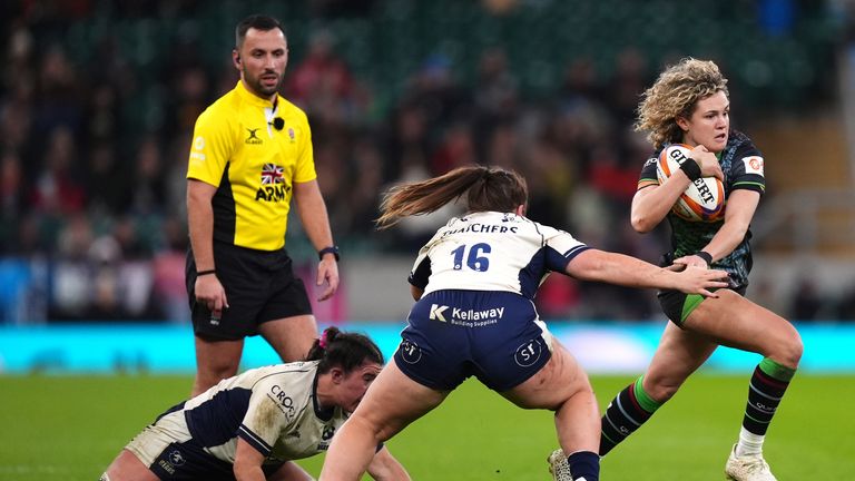 Harlequins' Ellie Kildunne (right) attempts to get past Bristol Bears' Jess Sprague