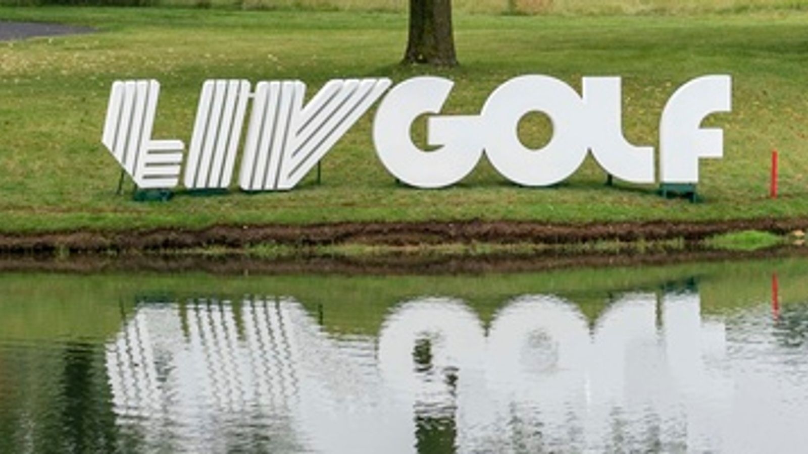 SUGAR GROVE, IL - SEPTEMBER 23: A wide shot of a video board and the LIV Golf logo at hole 16 of Rich Harvest Farms during the Chicago stop of the LIV Golf tournament on September 22, 2023, at Rich Harvest Farms in Sugar Grove, IL (Photo by Ben Hsu/Icon Sportswire) (Icon Sportswire via AP Images)