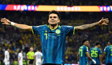 Colombia's forward #07 Luis Diaz celebrates scoring