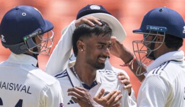 Manav Suthar (centre) took seven wickets on debut to lead India to their largest ever Test victory against Afghanistan