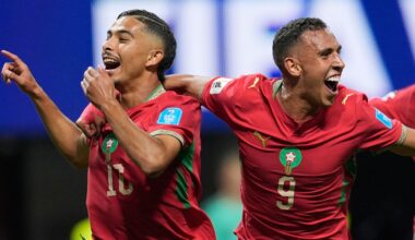 Gessime Yassine and Soufiane Rahimi (far left and left) scored the late goals as Morocco beat Haiti in the World Cup