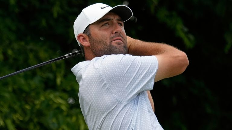 Scottie Scheffler hits from the third tee in the third round of the Memorial Tournament (AP Photo/Sue Ogrocki)