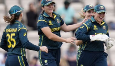 Australia's Georgia Voll celebrates the wicket of Phebe Molkenboer of the Netherlands