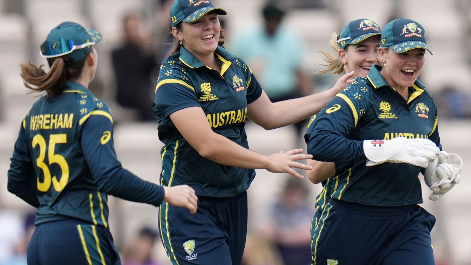 Australia's Georgia Voll celebrates the wicket of Phebe Molkenboer of the Netherlands