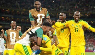 South Africa's Thapelo Maseko (12) celebrates after scoring his side's first goal during the World Cup Group A