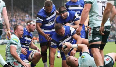 Thomas du Toit celebrates after scoring a try during the Gallagher PREM match between Bath Rugby and Leicester Tigers