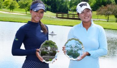 Yana Wilson and Gina Kim pose with the trophies after winning the LPGA Dow Championship (Icon Sportswire via AP Images)