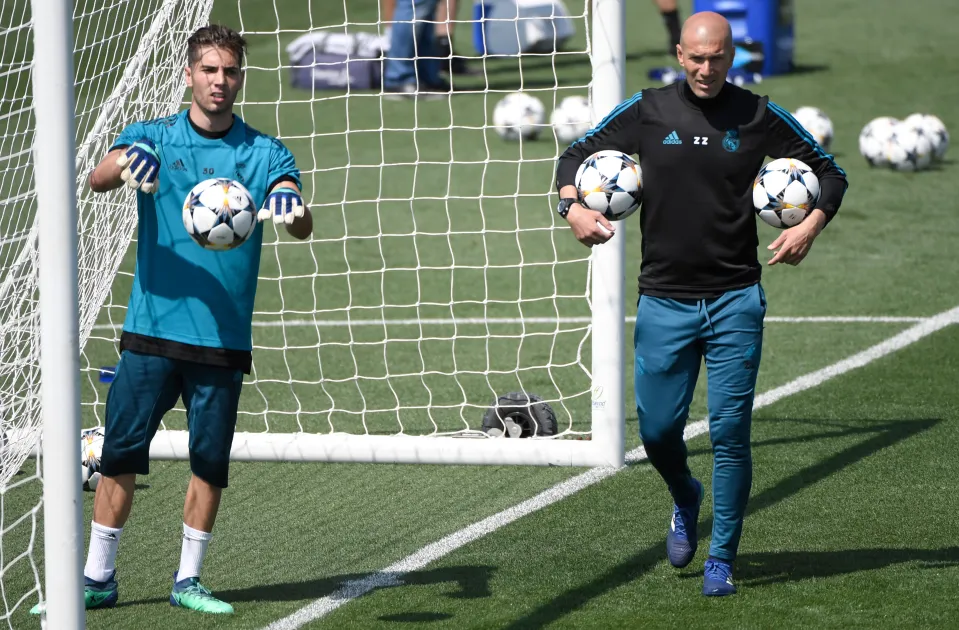 Goalkeeper Luca Zidane and manager Zinedine Zidane during a Real Madrid training session