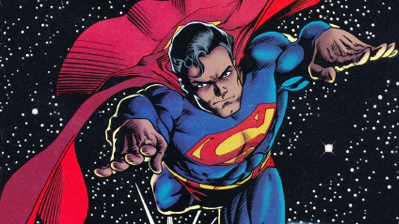Superman flying in space in DC Comics.
