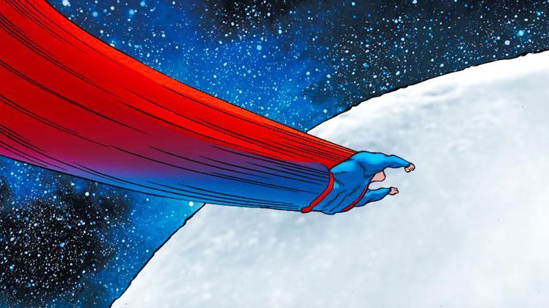 Superman flying in space with long red cape in DC Comics.