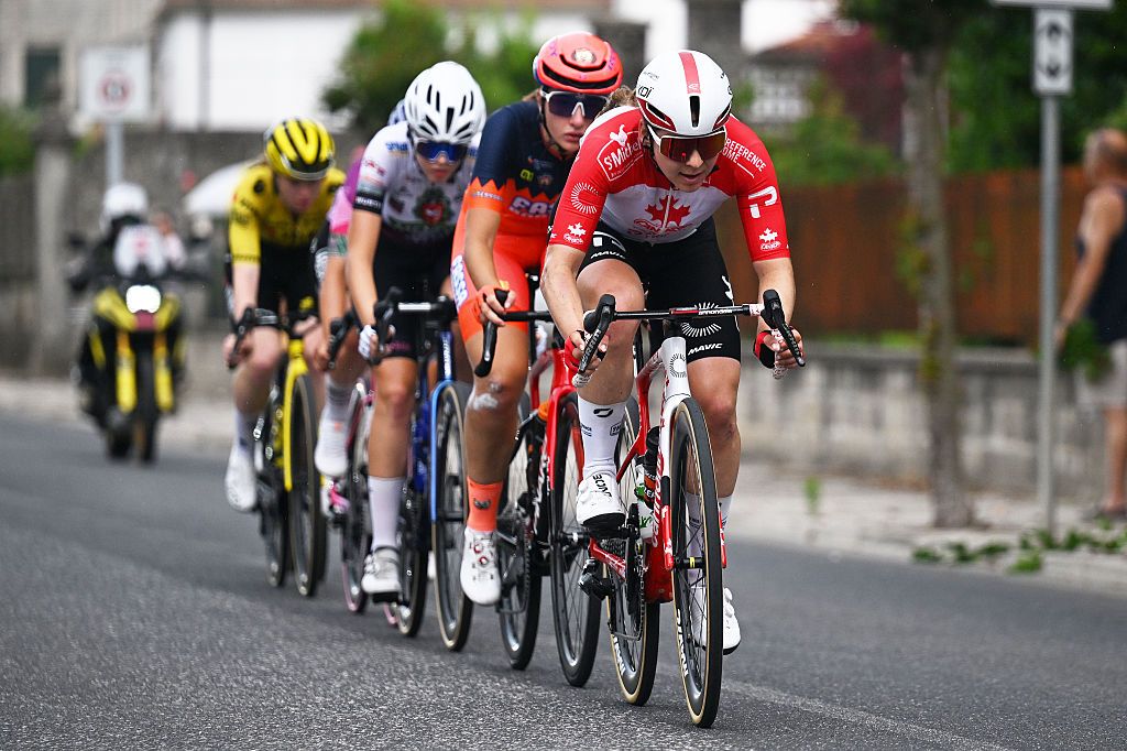 Alison Jackson (St Michel - Preference Home - Auber93) leads the six rider breakaway during stage 3 of the 2026 Giro d'Italia Women. (Photo by Luc Claessen/Getty Images)